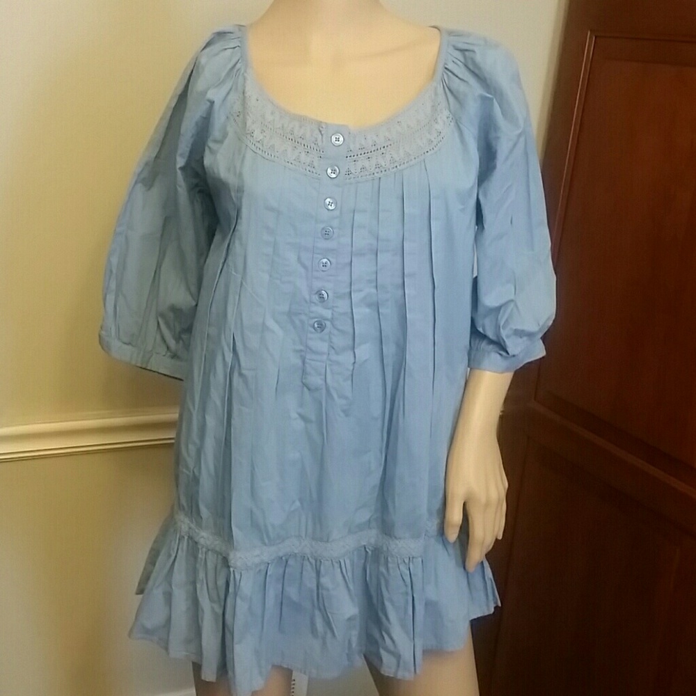 ANTILIA blue peasant top short sleeve blouse M